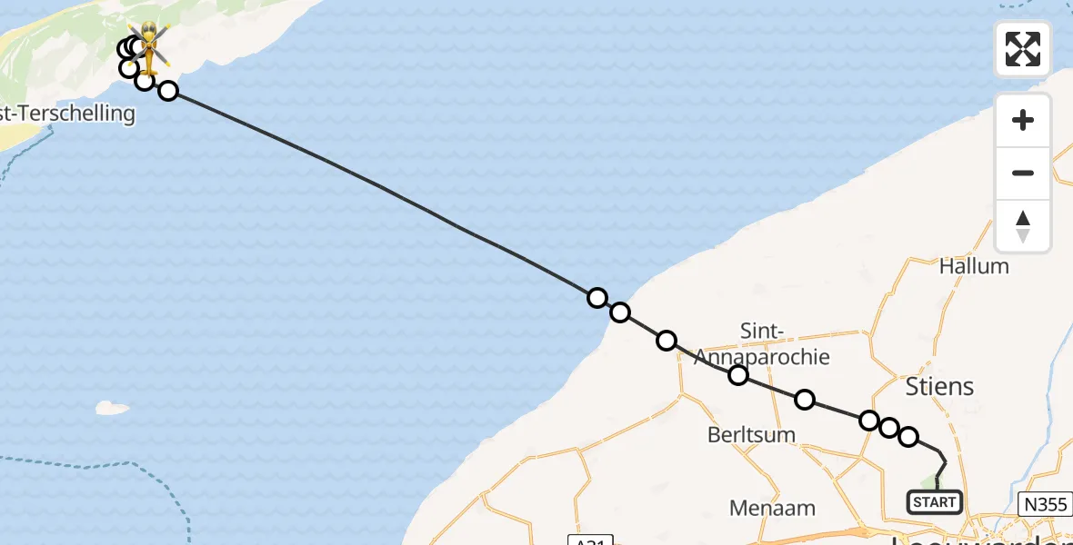 Vluchtroute Ambulancehelikopter van Vliegbasis Leeuwarden naar Terschelling Heliport