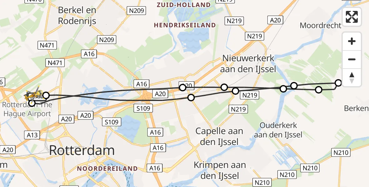 Vluchtroute Traumahelikopter van Rotterdam The Hague Airport naar Rotterdam The Hague Airport