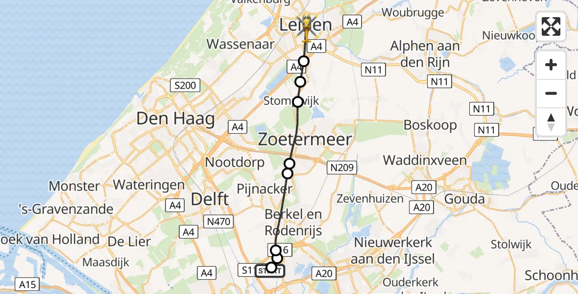 Vluchtroute Traumahelikopter van Rotterdam The Hague Airport naar Leiden