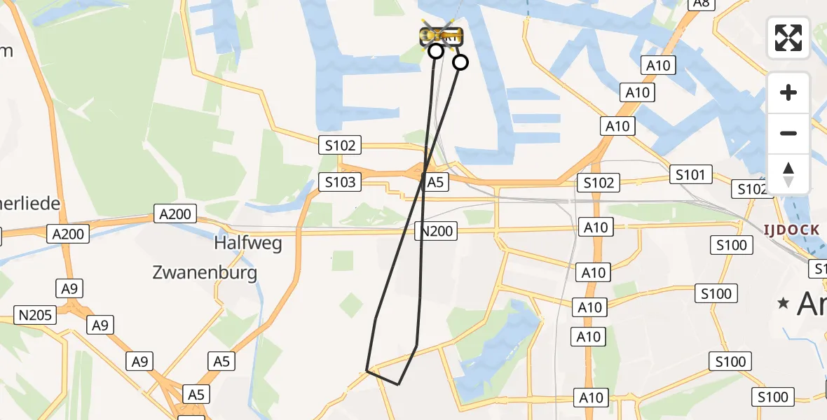 Vluchtroute Traumahelikopter van Amsterdam Heliport naar Amsterdam Heliport