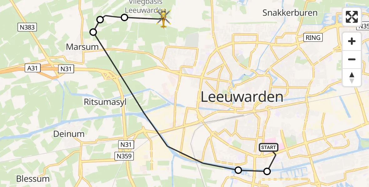 Vluchtroute Ambulancehelikopter van Leeuwarden Medical Center Heliport naar Vliegbasis Leeuwarden
