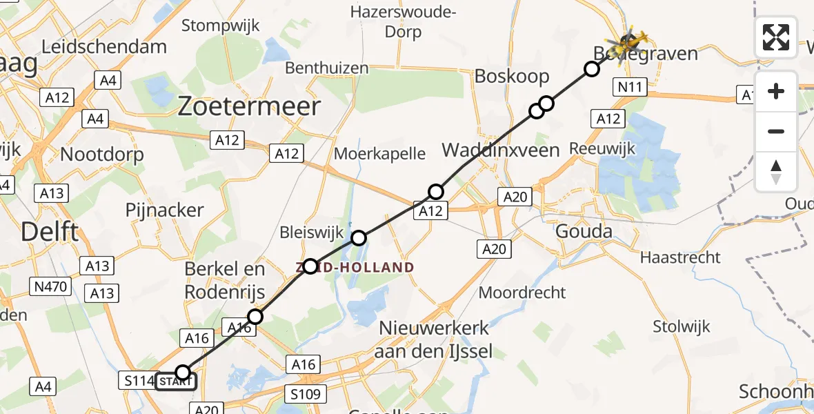 Vluchtroute Traumahelikopter van Rotterdam The Hague Airport naar Bodegraven