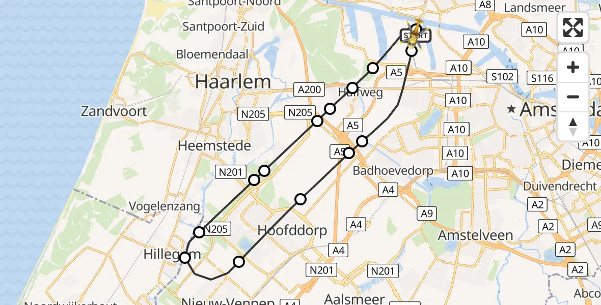 Vluchtroute Traumahelikopter van Amsterdam Heliport naar Amsterdam Heliport