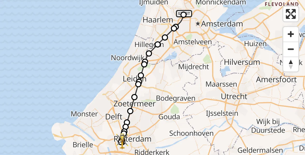 Vluchtroute Traumahelikopter van Amsterdam Heliport naar Schiedam