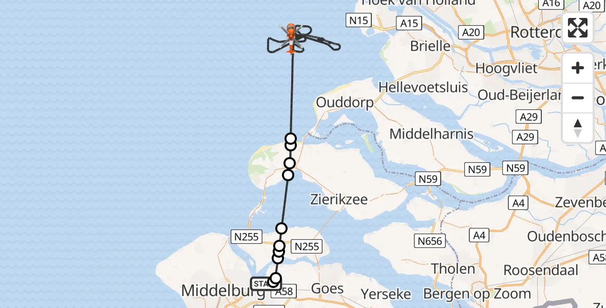 Vluchtroute Kustwachthelikopter van Vliegveld Midden-Zeeland naar Noordzee