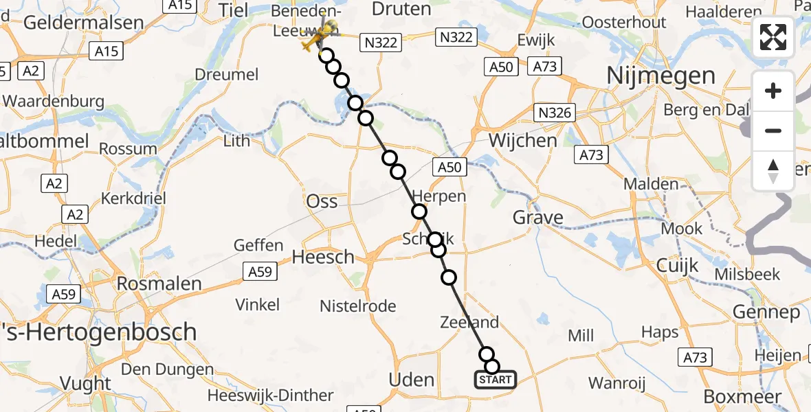 Vluchtroute Traumahelikopter van Vliegbasis Volkel naar Beneden-Leeuwen