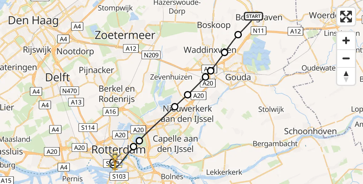 Vluchtroute Traumahelikopter van Bodegraven naar Erasmus MC