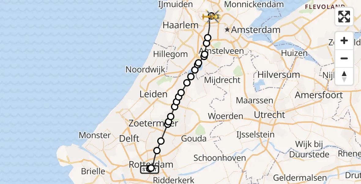 Vluchtroute Traumahelikopter van Erasmus MC naar Amsterdam Heliport