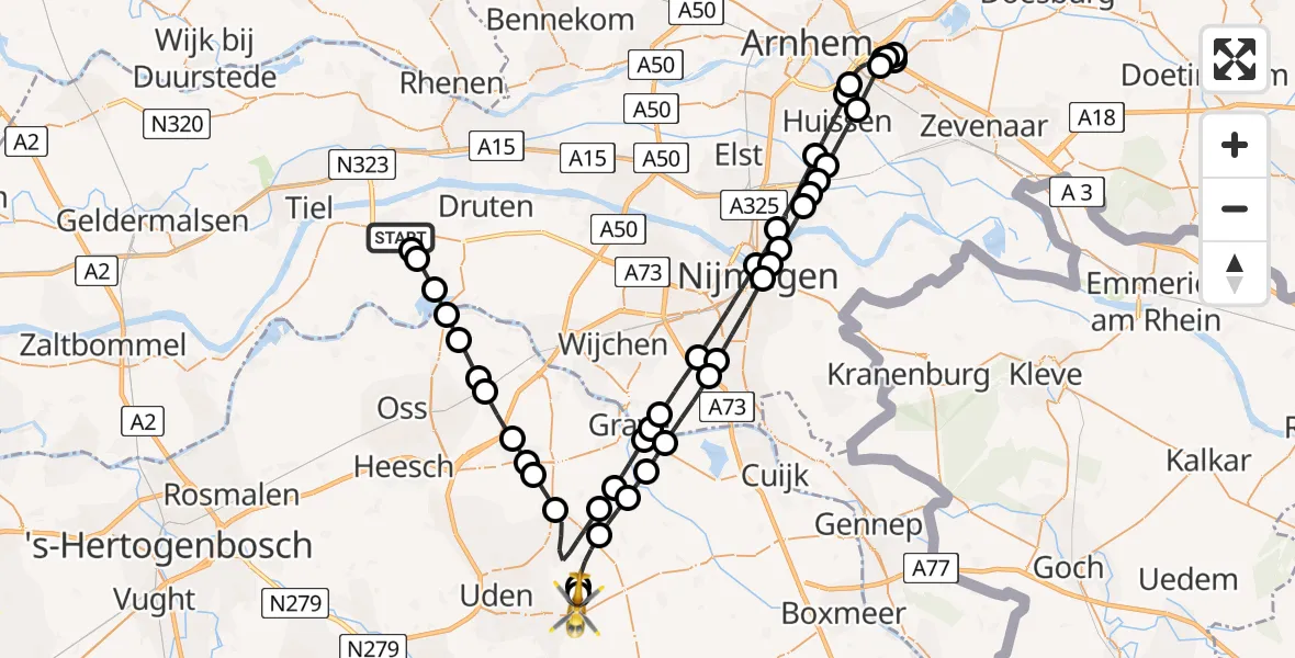 Vluchtroute Traumahelikopter van Beneden-Leeuwen naar Vliegbasis Volkel