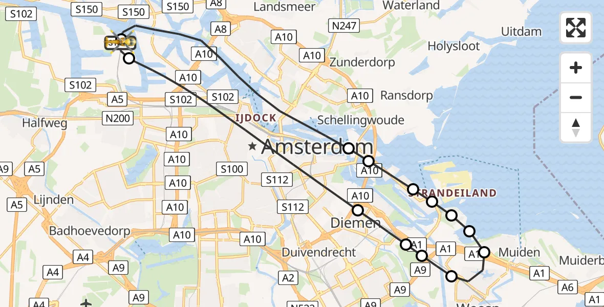 Vluchtroute Traumahelikopter van Amsterdam Heliport naar Amsterdam Heliport