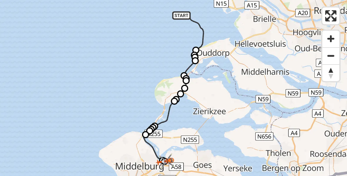 Vluchtroute Kustwachthelikopter van Noordzee naar Vliegveld Midden-Zeeland