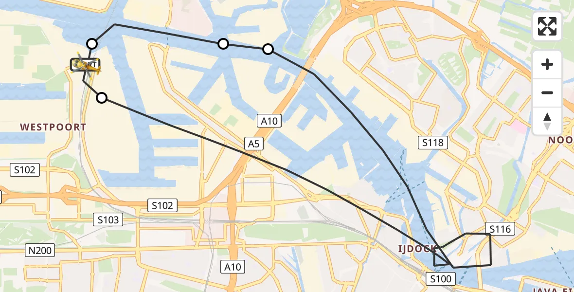 Vluchtroute Traumahelikopter van Amsterdam Heliport naar Amsterdam Heliport