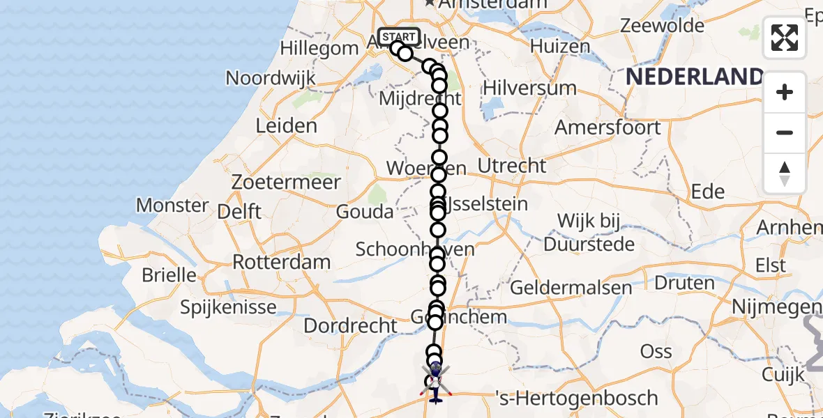 Vluchtroute Politiehelikopter van Amsterdam Vliegveld Schiphol naar Raamsdonk