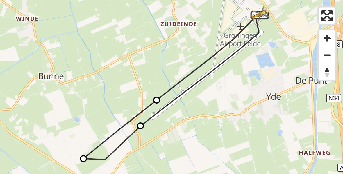 Vluchtroute Traumahelikopter van Groningen Airport Eelde naar Groningen Airport Eelde