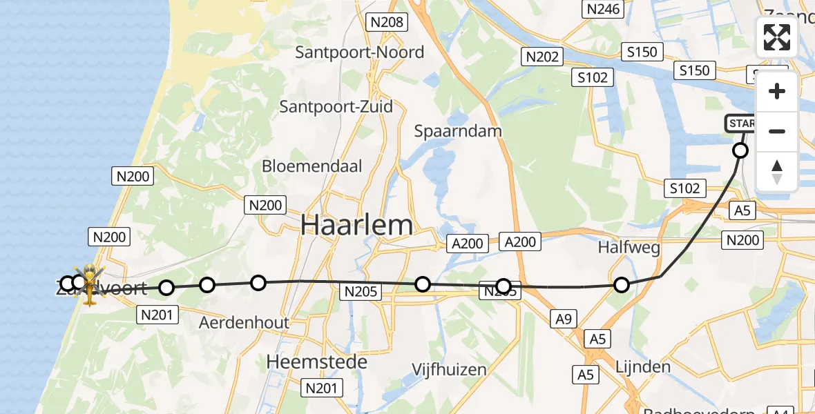 Vluchtroute Traumahelikopter van Amsterdam Heliport naar Zandvoort