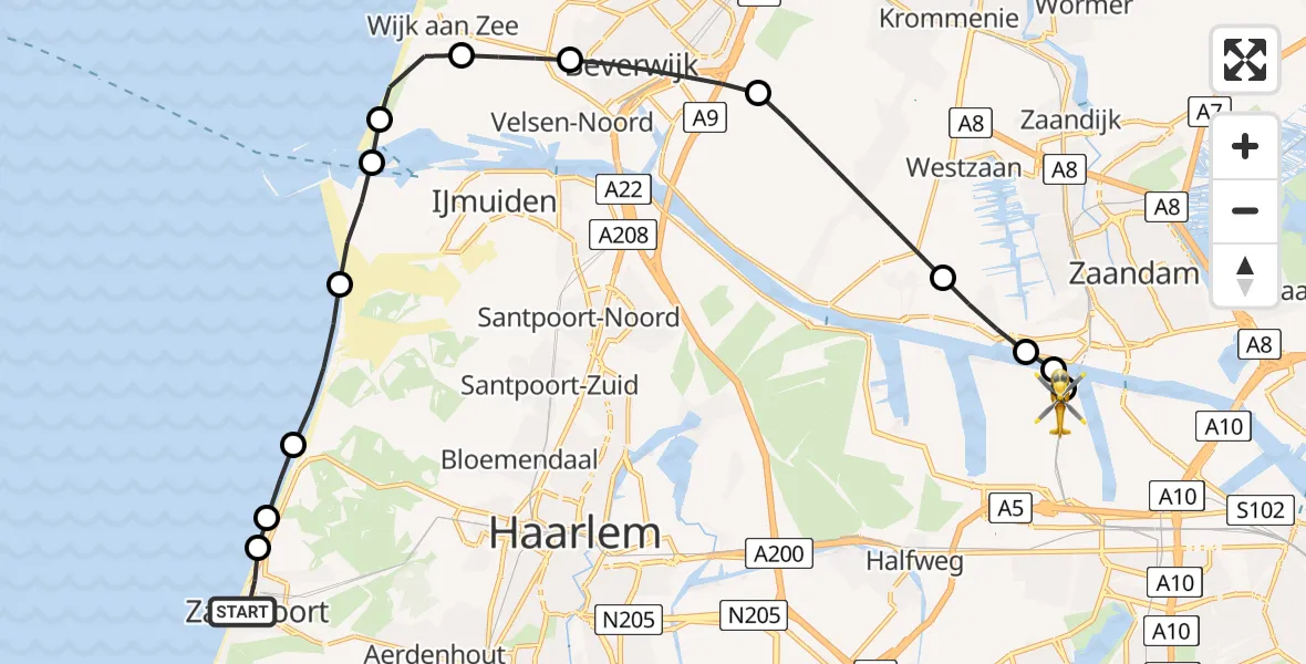 Vluchtroute Traumahelikopter van Zandvoort naar Amsterdam Heliport