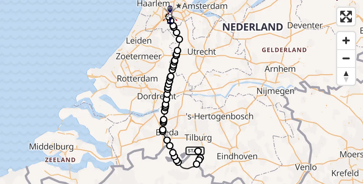Vluchtroute Politiehelikopter van Hilvarenbeek naar Amsterdam Vliegveld Schiphol