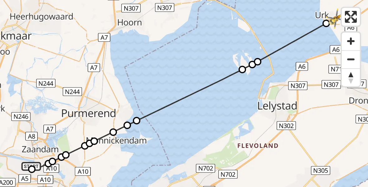 Vluchtroute Traumahelikopter van Amsterdam Heliport naar Urk