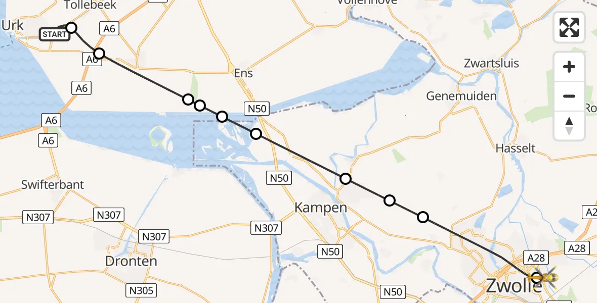 Vluchtroute Traumahelikopter van Urk naar Isala Hospital Zwolle Heliport