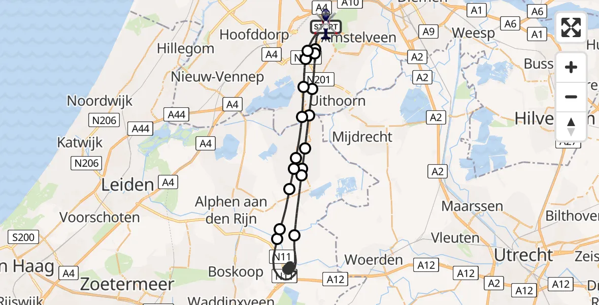 Vluchtroute Politiehelikopter van Amsterdam Vliegveld Schiphol naar Amsterdam Vliegveld Schiphol