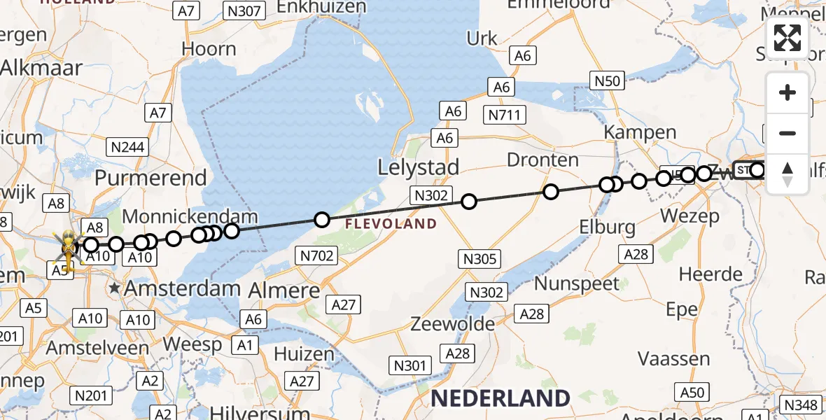 Vluchtroute Traumahelikopter van Isala Hospital Zwolle Heliport naar Amsterdam Heliport