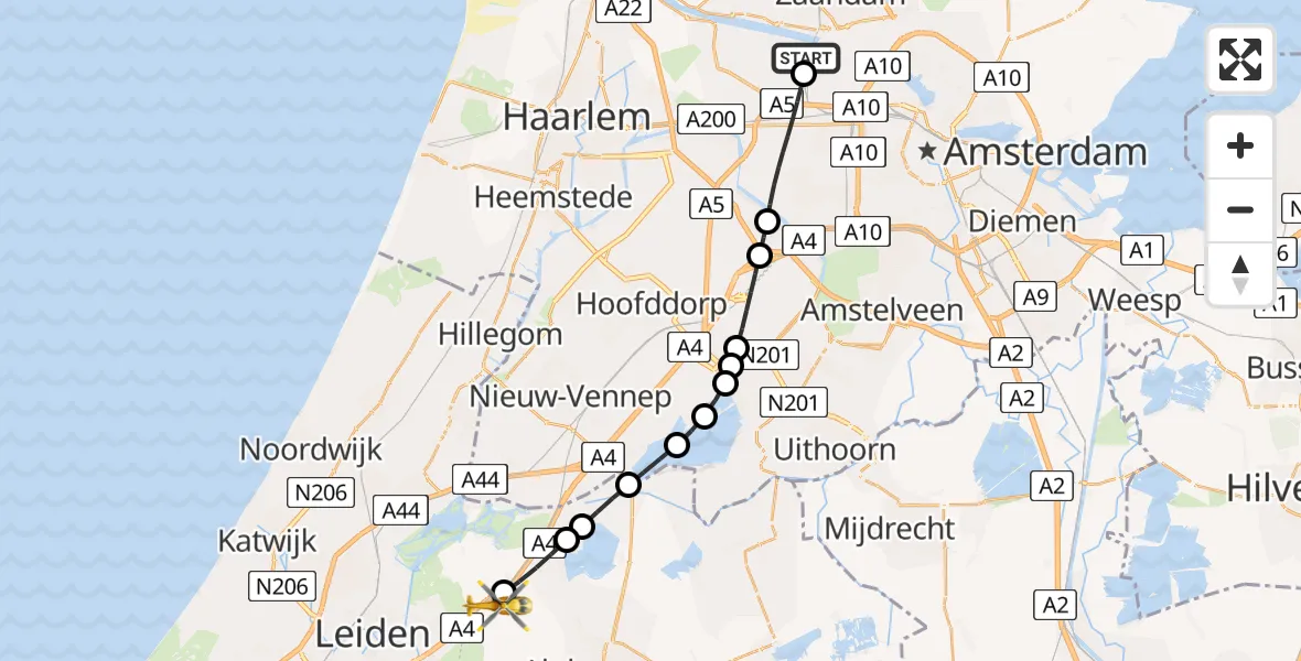 Vluchtroute Traumahelikopter van Amsterdam Heliport naar Hoogmade