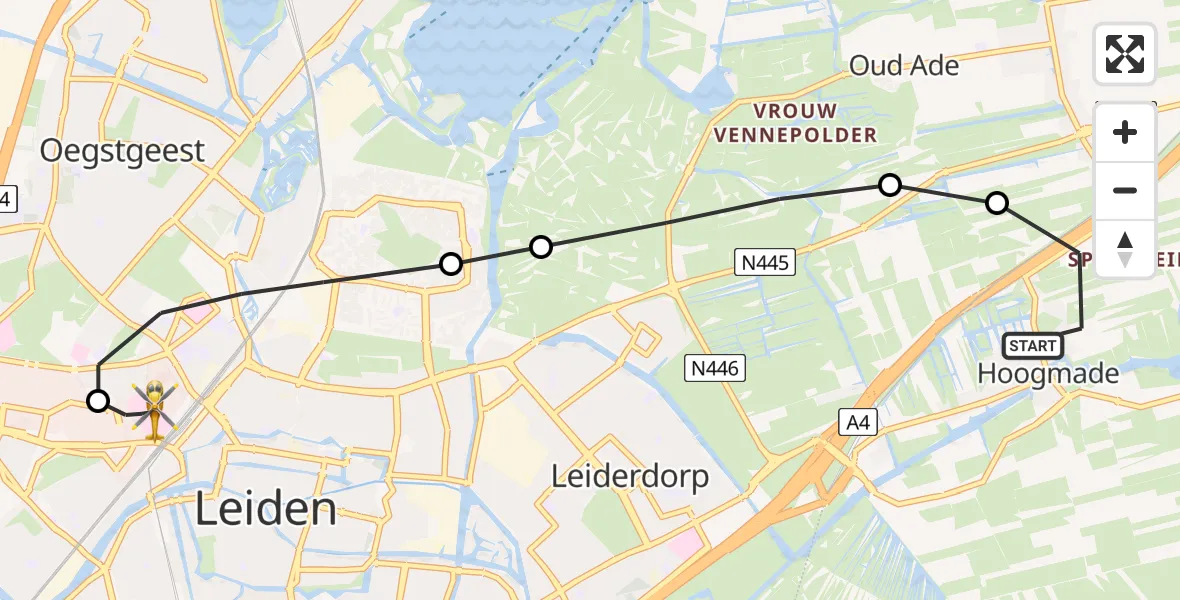 Vluchtroute Traumahelikopter van Hoogmade naar Leiden University Medical Center Heliport