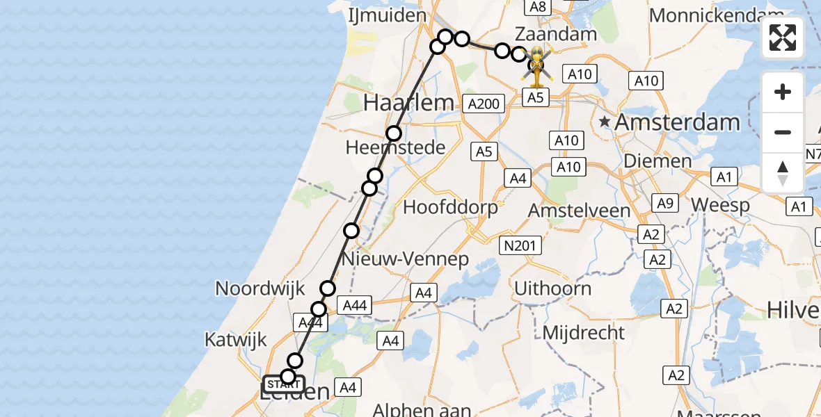 Vluchtroute Traumahelikopter van Leiden University Medical Center Heliport naar Amsterdam Heliport