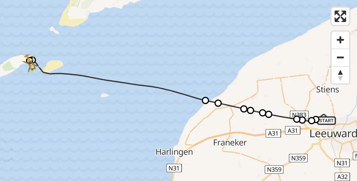 Vluchtroute Ambulancehelikopter van Vliegbasis Leeuwarden naar Vlieland Heliport