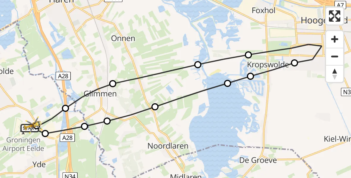 Vluchtroute Traumahelikopter van Groningen Airport Eelde naar Groningen Airport Eelde
