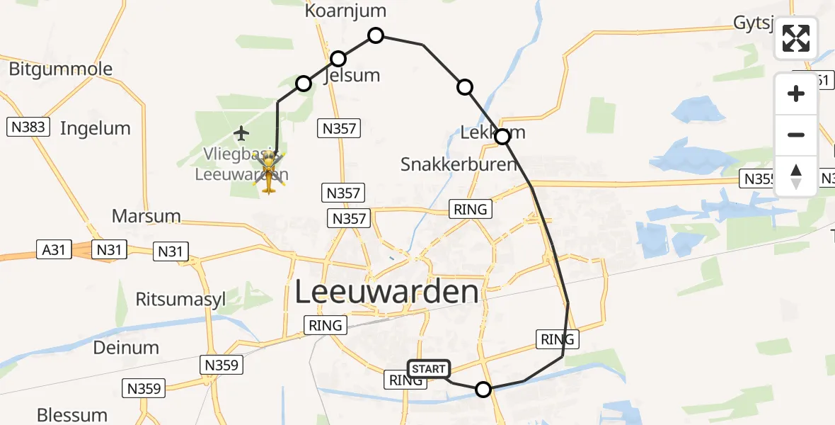 Vluchtroute Ambulancehelikopter van Leeuwarden Medical Center Heliport naar Vliegbasis Leeuwarden