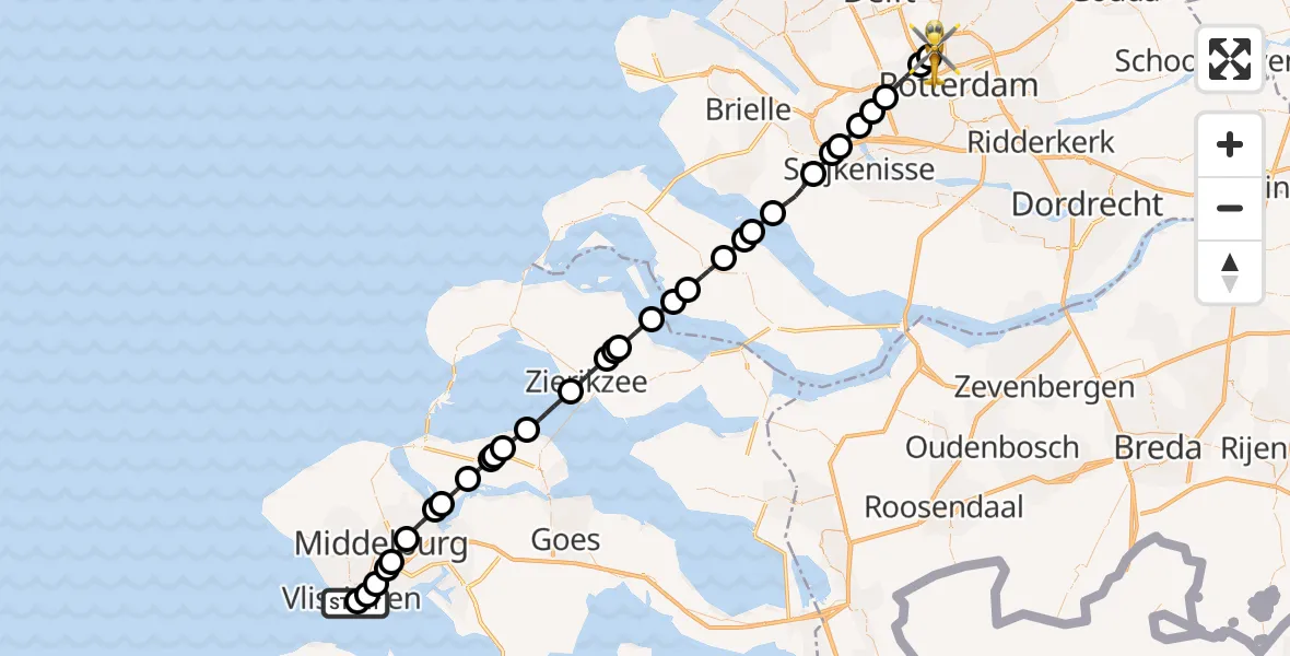 Vluchtroute Traumahelikopter van Vlissingen naar Rotterdam The Hague Airport