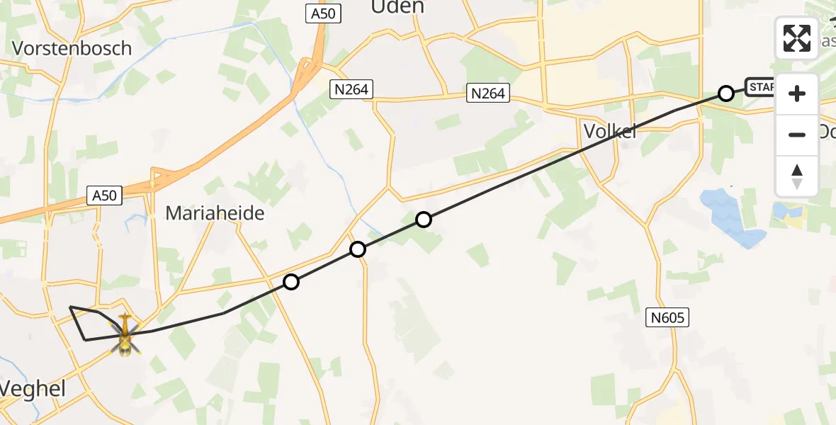 Vluchtroute Traumahelikopter van Vliegbasis Volkel naar Veghel