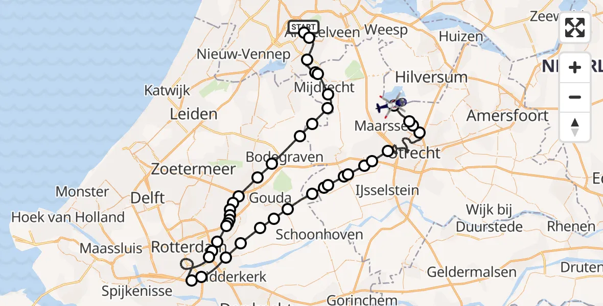 Vluchtroute Politiehelikopter van Amsterdam Vliegveld Schiphol naar Loosdrechtse Plassen