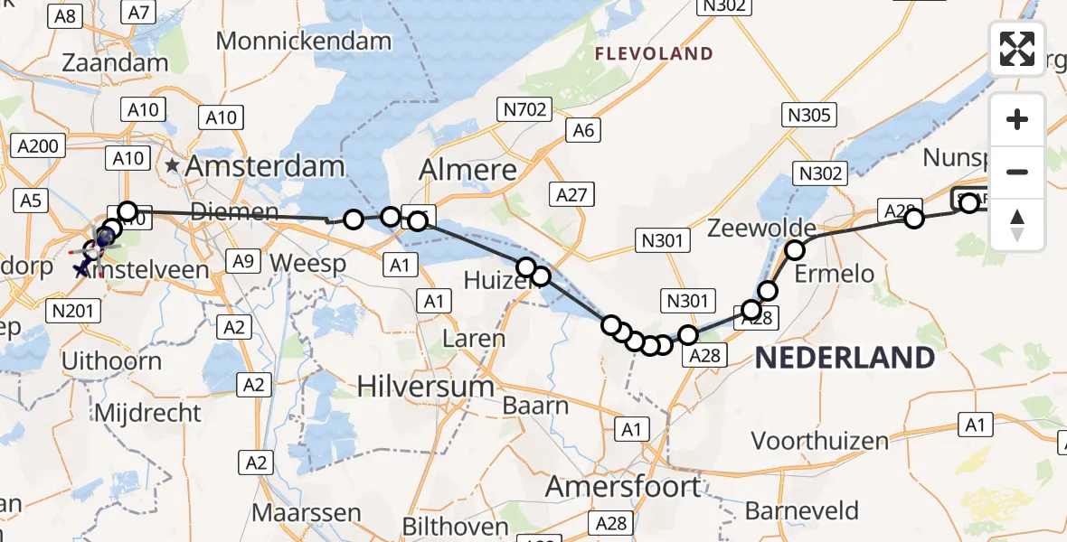 Vluchtroute Politiehelikopter van Nunspeet naar Amsterdam Vliegveld Schiphol
