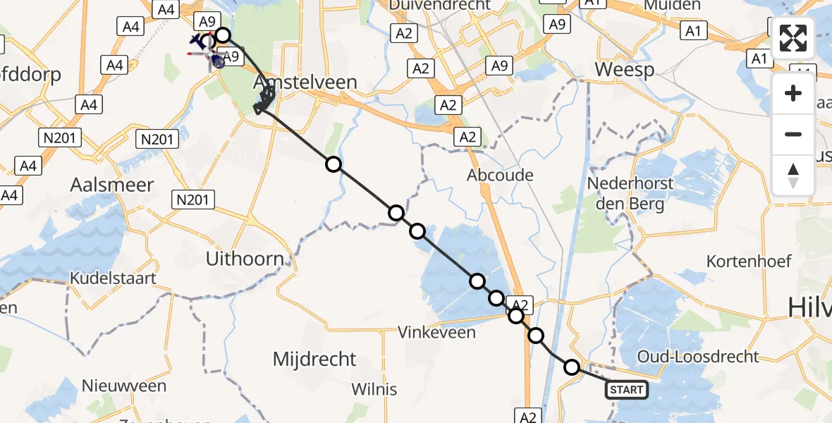 Routekaart van de vlucht: Politiehelikopter naar Amsterdam Vliegveld Schiphol
