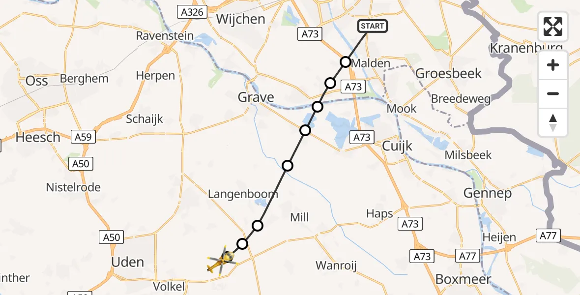 Vluchtroute Traumahelikopter van Malden naar Vliegbasis Volkel
