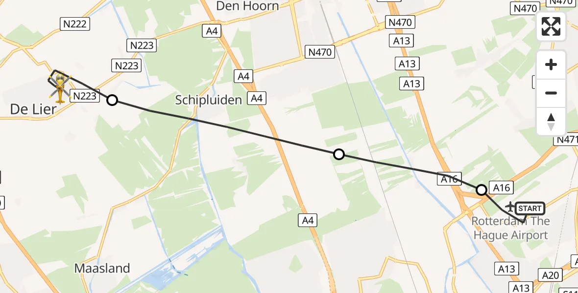 Vluchtroute Traumahelikopter van Rotterdam The Hague Airport naar De Lier