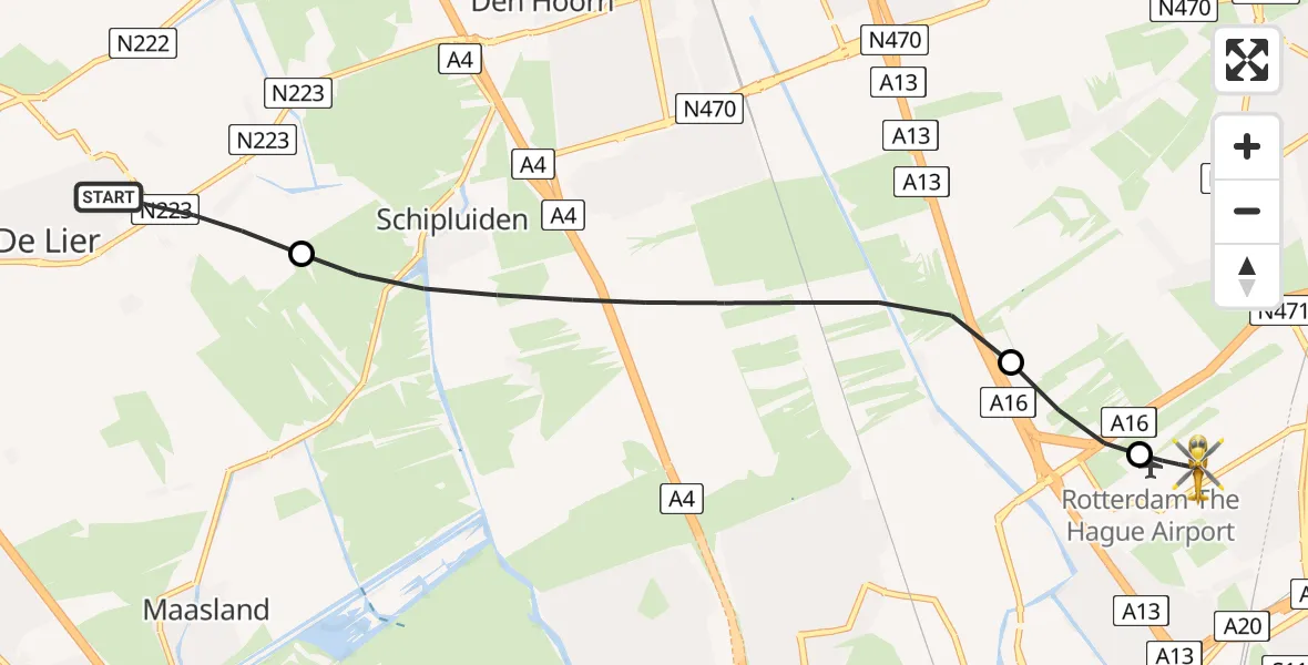 Vluchtroute Traumahelikopter van De Lier naar Rotterdam The Hague Airport