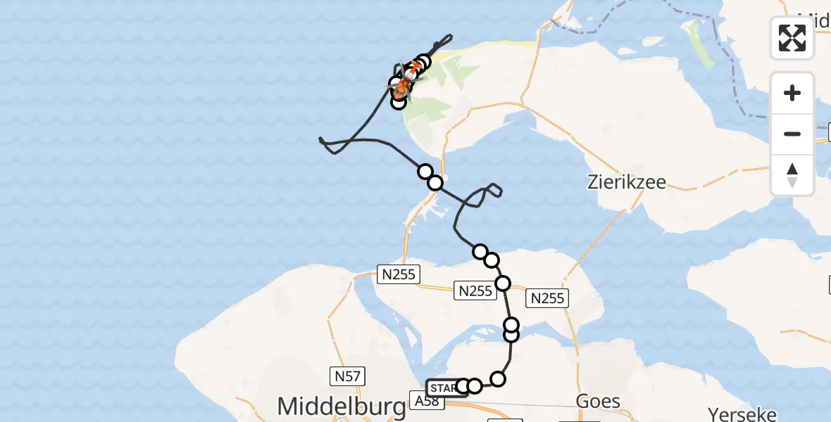 Routekaart van de vlucht: Kustwachthelikopter naar Burgh-Haamstede, Vuurtorenpad