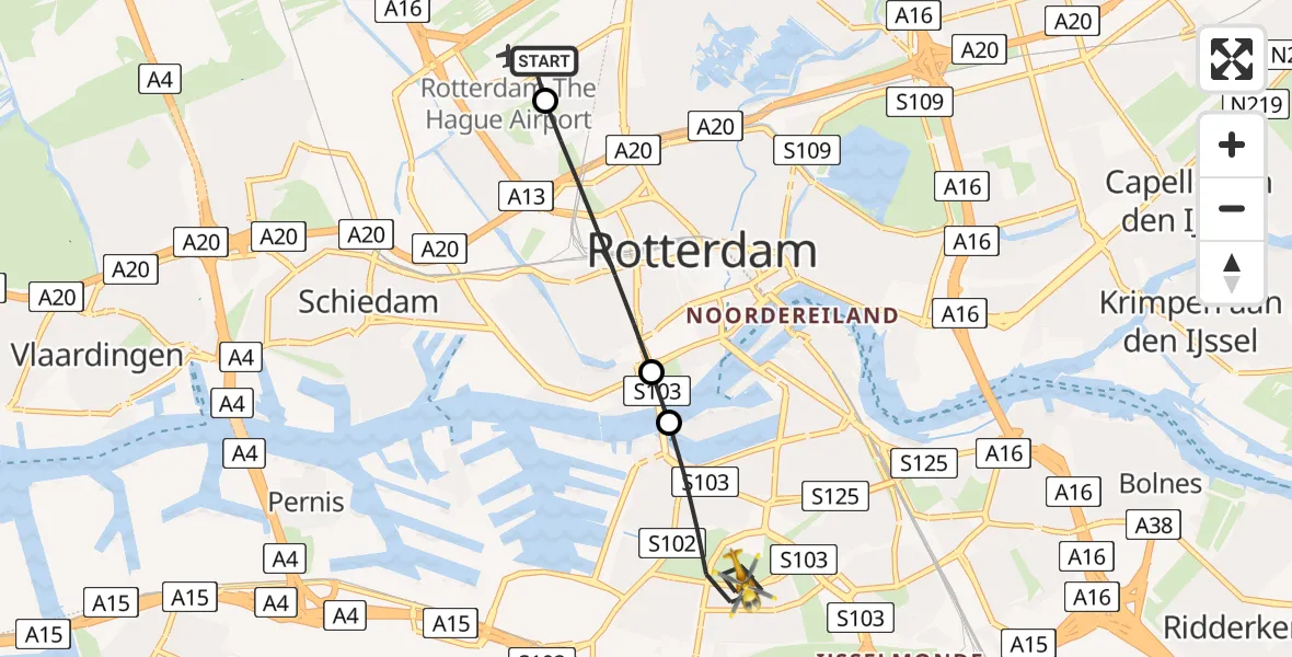Vluchtroute Traumahelikopter van Rotterdam The Hague Airport naar Rotterdam