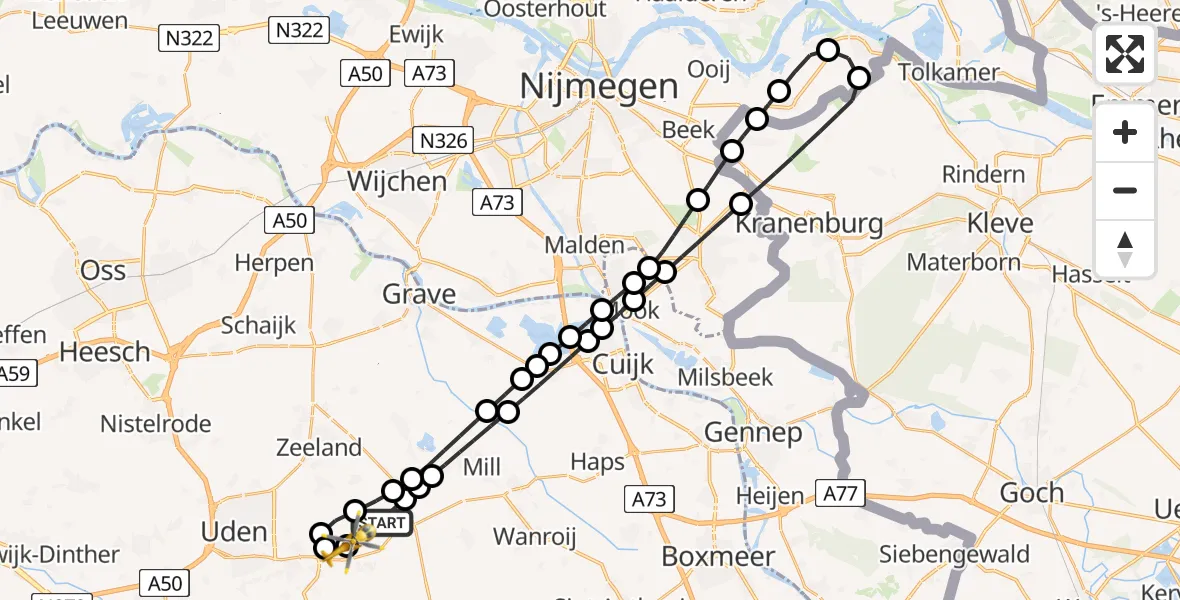 Vluchtroute Traumahelikopter van Vliegbasis Volkel naar Vliegbasis Volkel