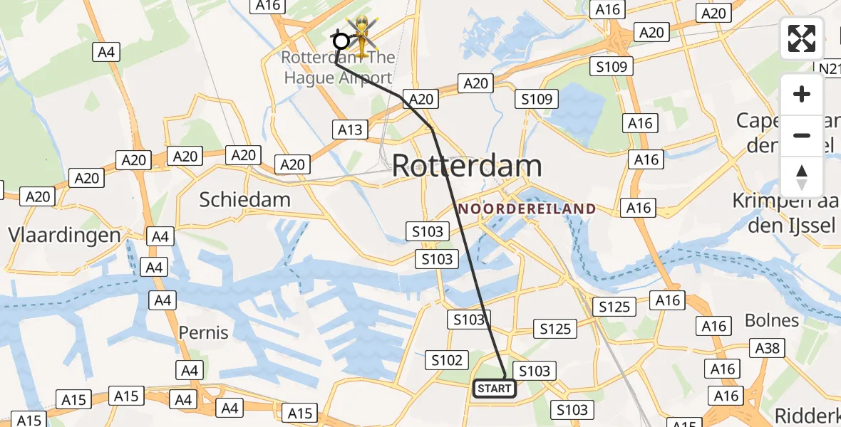 Vluchtroute Traumahelikopter van Rotterdam naar Rotterdam The Hague Airport