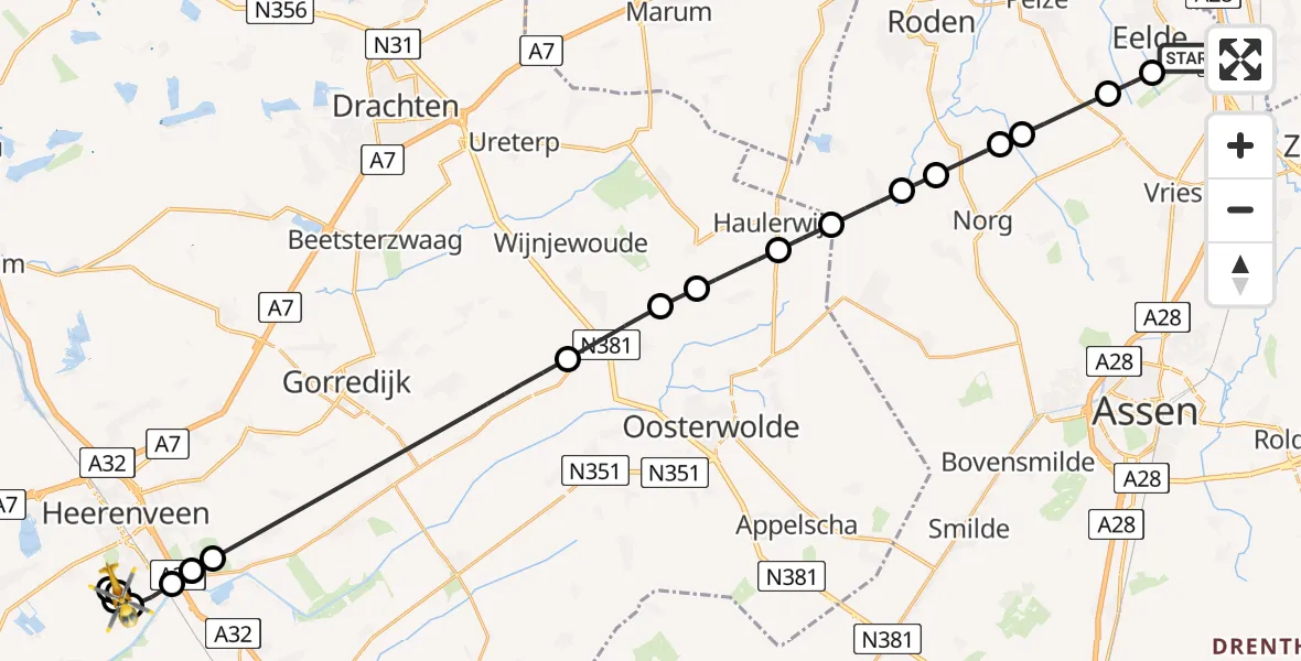 Vluchtroute Traumahelikopter van Groningen Airport Eelde naar Rotstergaast