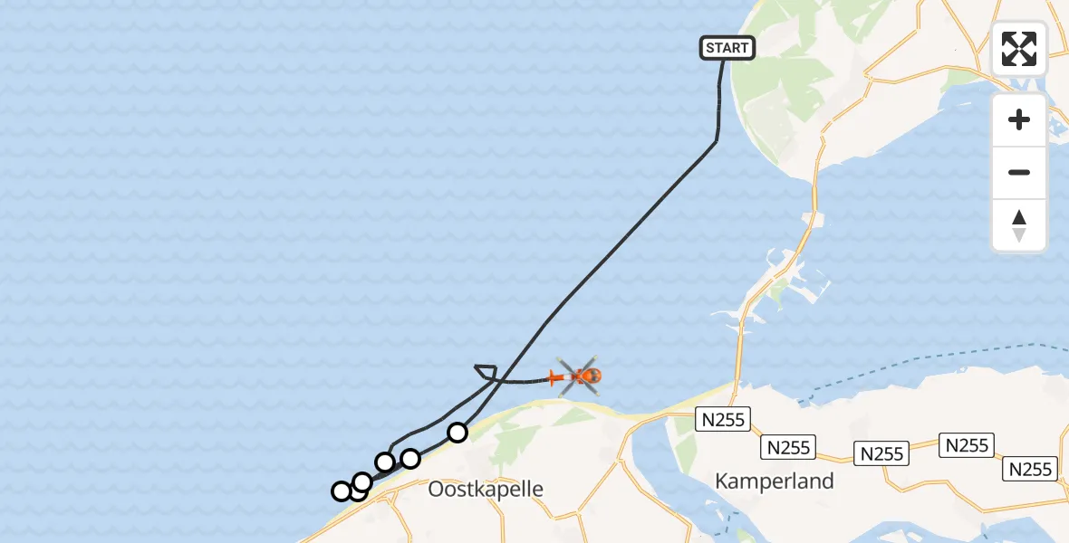 Vluchtroute Kustwachthelikopter van Noordzee naar Noordzee