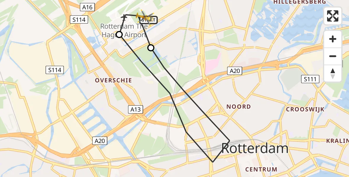 Vluchtroute Traumahelikopter van Rotterdam The Hague Airport naar Rotterdam The Hague Airport