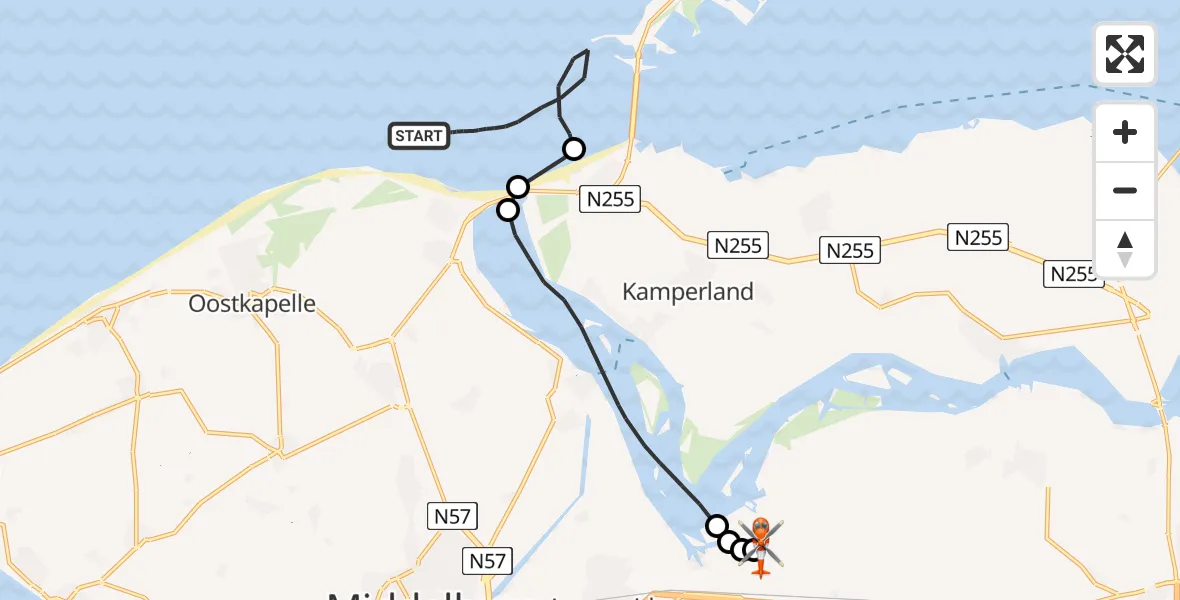Vluchtroute Kustwachthelikopter van Noordzee naar Vliegveld Midden-Zeeland