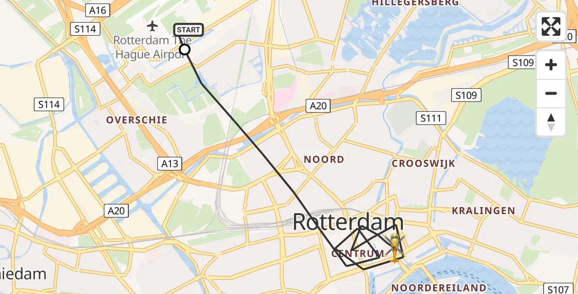 Vluchtroute Traumahelikopter van Rotterdam The Hague Airport naar Rotterdam