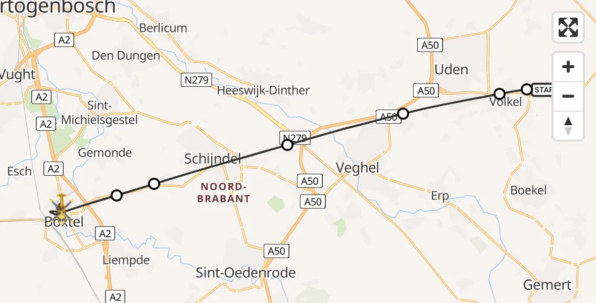 Vluchtroute Traumahelikopter van Vliegbasis Volkel naar Boxtel