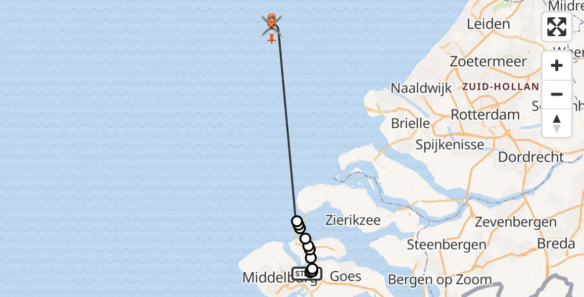 Vluchtroute Kustwachthelikopter van Vliegveld Midden-Zeeland naar Noordzee